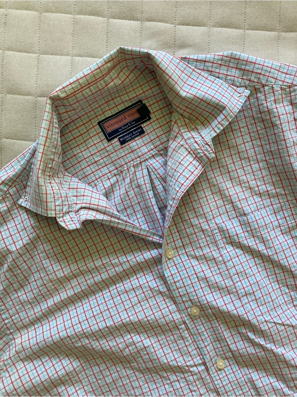 Vineyard Vines Men's White Button-Up Shirt with Red and Blue Windowpane
